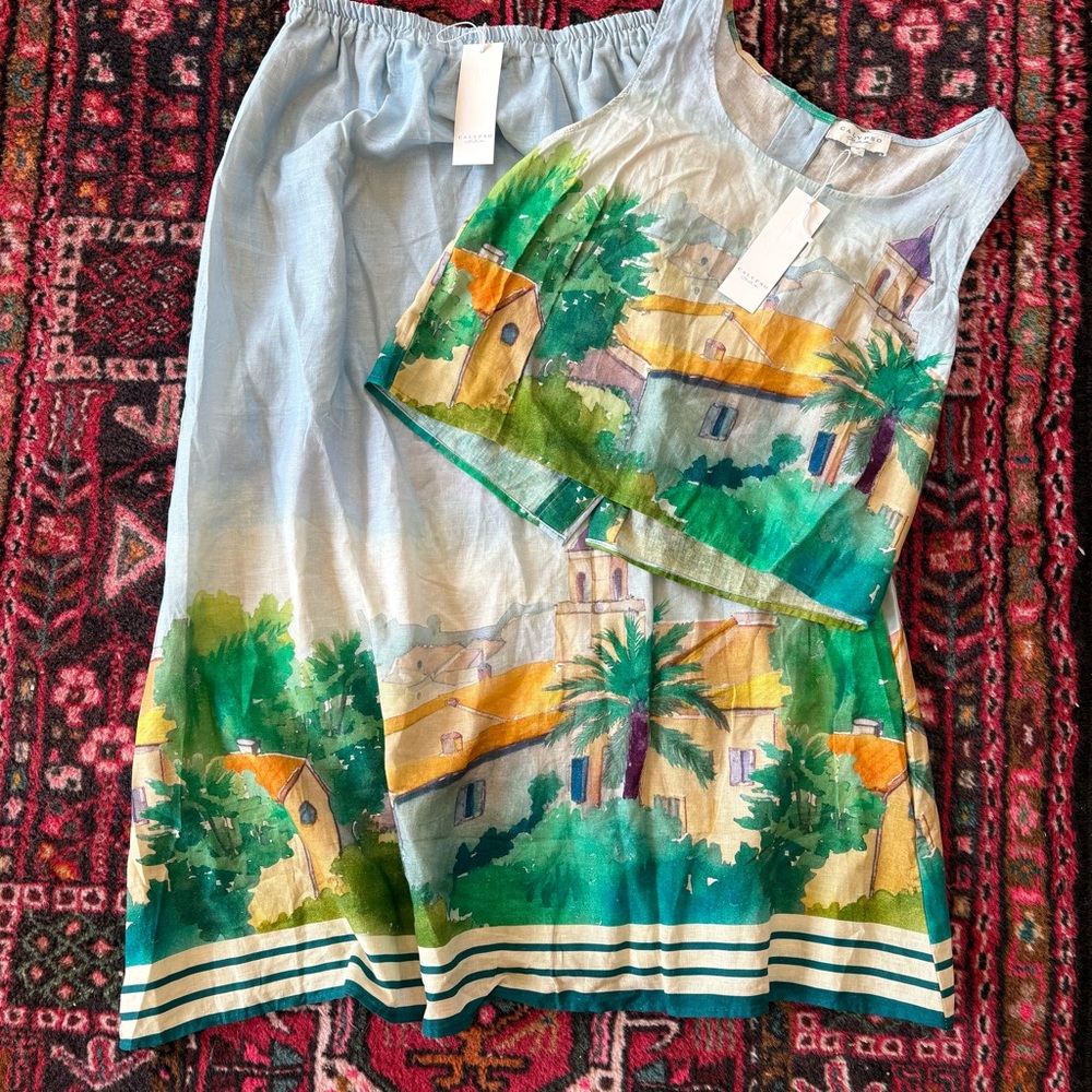 NWT Calypso St. Barth Multicolor maxi skirt top set watercolor TOP + SKIRT Linen